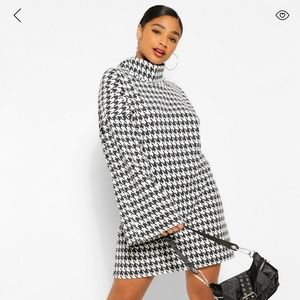 Plus Houndstooth Roll Neck Flare Sleeve Jumper Dress